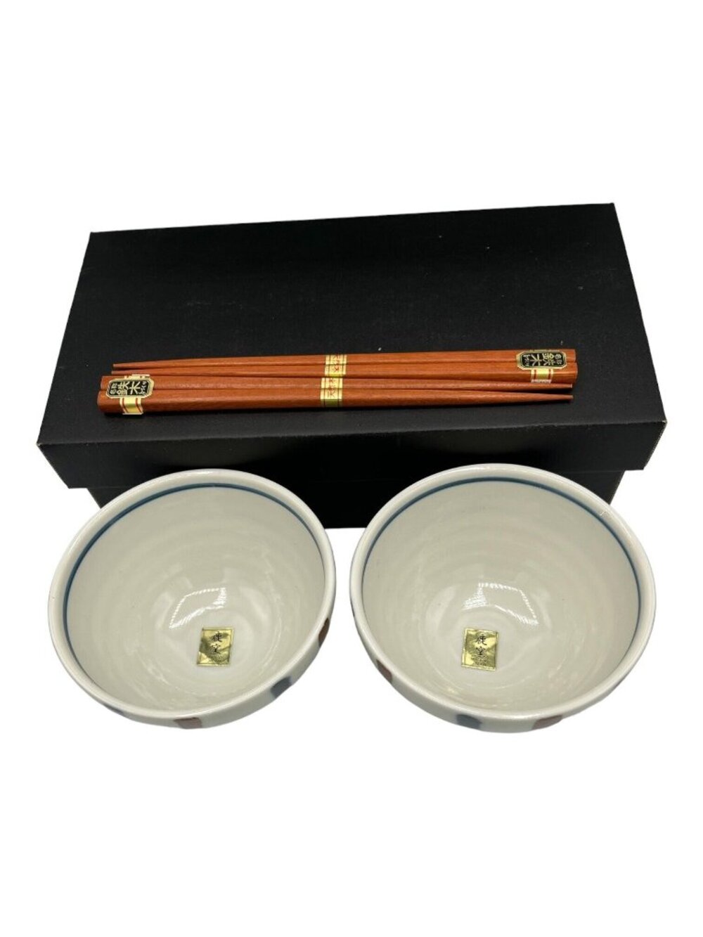 Pair of Japanese Ceramic Rice Soup Noodle Bowls & Chopsticks in Original Box